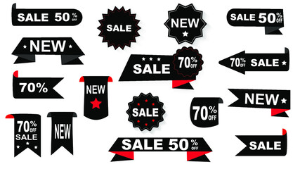 Different ribbons labels banners, Price tags collection. Big set black and red of ribbon stickers . Vector