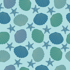 Marine theme. Seamless pattern of starfish and seashells. Vector illustration