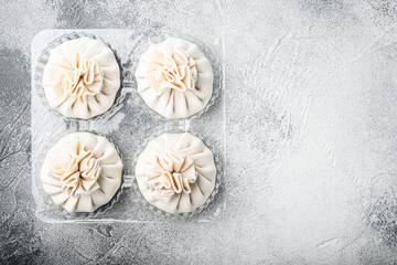 Raw dumplings Dim Sum, in plastic tray, on gray stone background, top view flat lay, with copy space for text