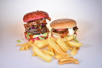 Red tasty burger and french fries