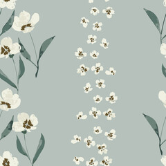 watercolor style white flower vertical stripes and border in greenery background seamless pattern print. Great for wedding, stationeries, wrapping paper, floral background, garden, seasonal event