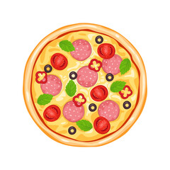 Pizza with cheese, sausage and tomatoes isolated on a white background. Vector illustration of fresh food in cartoon flat style.