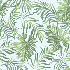 Fototapeta premium Tropical summer pattern. Vector seamless background with tropic leaves.