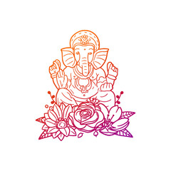 Ganesh Rose Flower with Vintage God Design. Hindu Floral frame ornament vector style. Decoration Design Wreath illustration.