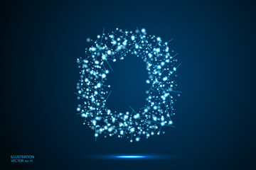 Abstract letters font is made up of triangles, lines, dots and connections. On a dark blue background, stars of the cosmic universe, meteorites, galaxies. Vector illustration eps 10.