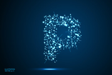 Abstract letters font is made up of triangles, lines, dots and connections. On a dark blue background, stars of the cosmic universe, meteorites, galaxies. Vector illustration eps 10.