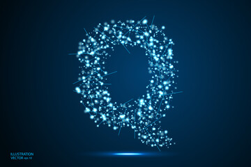 Abstract letters font is made up of triangles, lines, dots and connections. On a dark blue background, stars of the cosmic universe, meteorites, galaxies. Vector illustration eps 10.