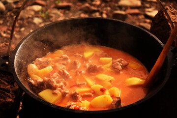 food cooking in stew pot in the nature ,romanian , tocana,traditional ceaun,culdron
