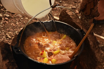 food cooking in stew pot in the nature ,romanian , tocana,traditional ceaun,culdron