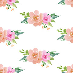 seamless floral pattern with delicate wreaths and bouquets of roses on a white background, watercolor illustration hand painted	

