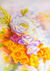 Blooming spring Bouquet of flowers painted on canvas