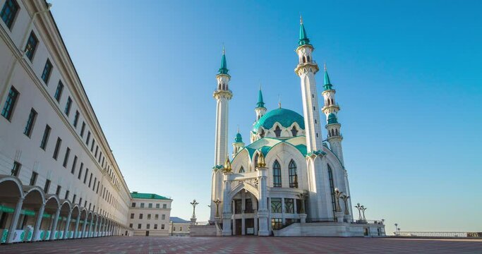 Kul Sharif Mosque and Kazan Kremlin at morning sunrise with clear sky, Russia