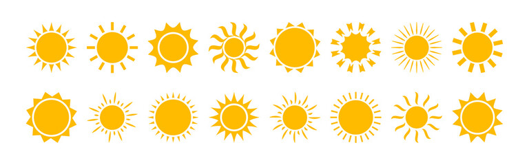 Sun vector icon, yellow solar set isolated on white background. Summer illustration