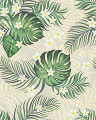 Tropical vector pattern with hibiscus, orchid, palm leaves.Exotic style. Seamless botanical print for textile, print, fabric on dark background