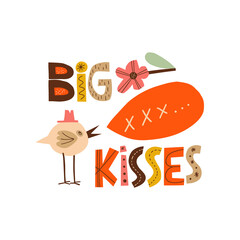 Big kisses hand drawn lettering. Cute bird illustration. Colourful paper applique style. Anniversary invitation template for celebration design. Fun letters for b-day wishes, greeting card