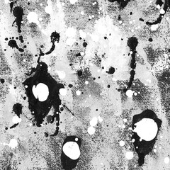 Contemporary abstract art illustration. Grungy black and white paper texture with paint drops. Background expressive impressionist modern painting banner postcard poster.