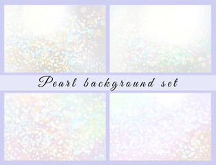 Pearl with glitter background set. Shiny wallpaper. Card template. Light paper. White texture. Vector illustration .