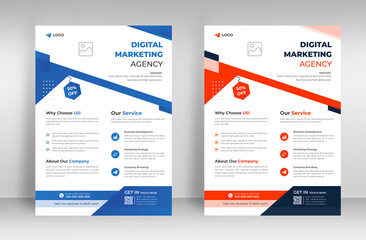 Corporate business flyer template design set with blue and orange color. marketing, business proposal, promotion, advertise, publication, cover page. digital marketing agency flyer design.