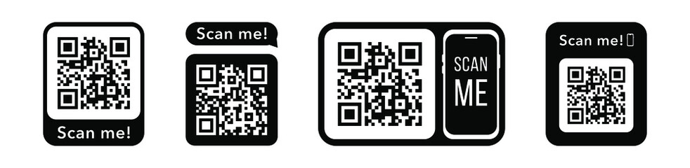 Qr codes with scan me inscription with phone. Qr code for payment, e-wallet, web, package. Inscription scan me. Mobile payment and identity. 