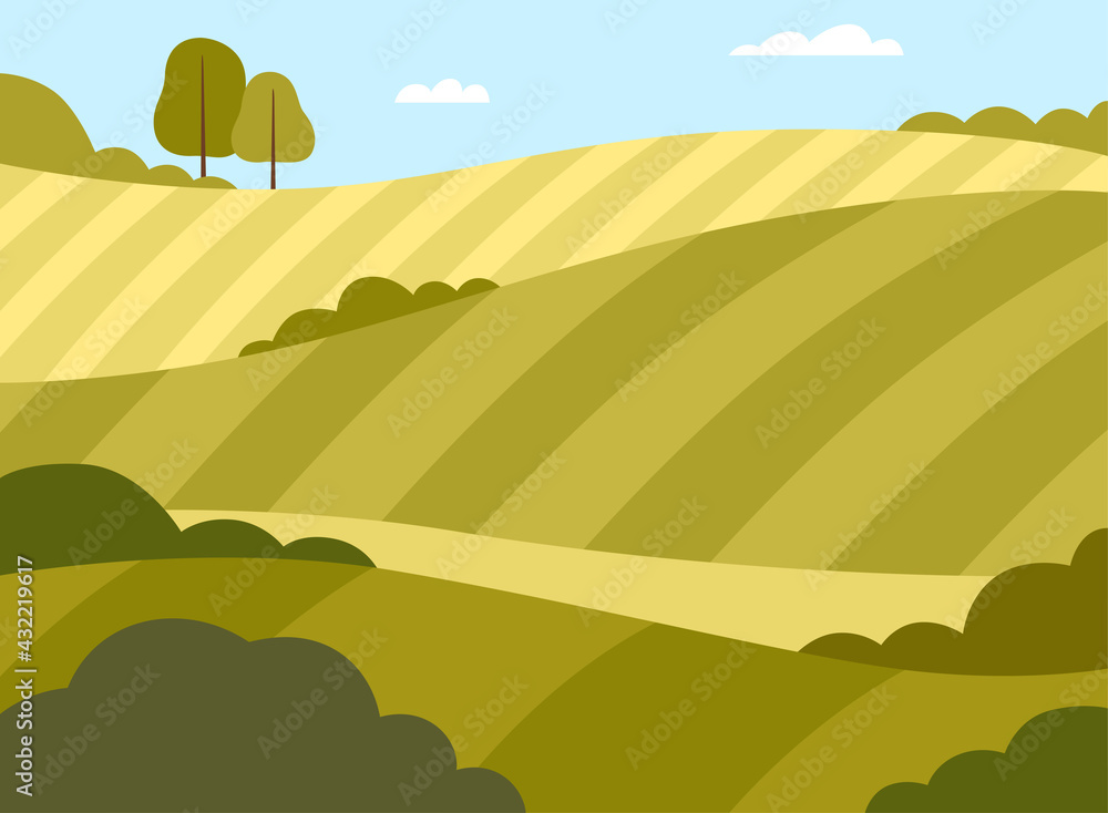 Sticker Country View with Sown Field and Pasture Land as Green Landscape Vector Illustration