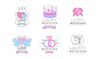 Wedding and Love Logo Design with Dove, Engagement Ring and Heart Vector Set