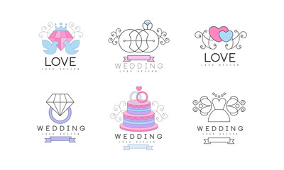 Wedding and Love Logo Design with Dove, Engagement Ring and Heart Vector Set