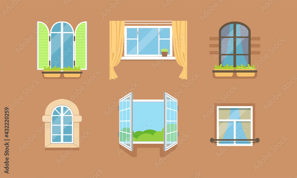 Wall mural Different Framed Windows on Wall as Building Exterior Element Vector Set