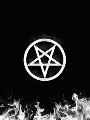 Satanic pentagram and blazing fire. Black background. Artistic works on the theme of esotericism - obrazy, fototapety, plakaty