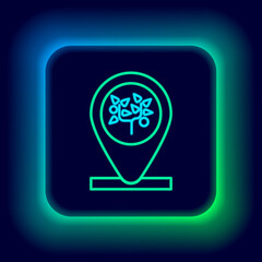 Glowing neon line Location and tree icon isolated on black background. Colorful outline concept. Vector