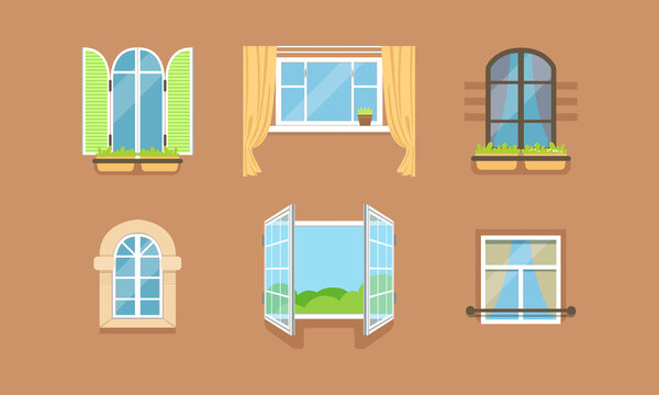Different Framed Windows on Wall as Building Exterior Element Vector Set