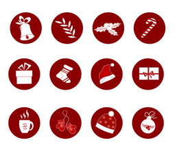 Set of round stories New Year templates. Red icons with attributes of the holiday. Vector illustration for use on social media, blogging, covers, stories and designs.