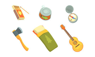Camping and Expedition Equipment with Box of Matches and Axe Vector Set