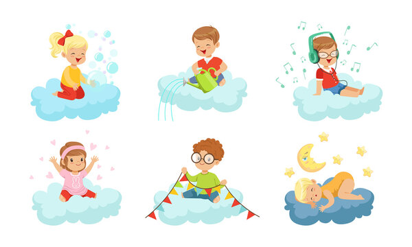 Little Kids on Soft Clouds Sleeping and Listening to Music Vector Set