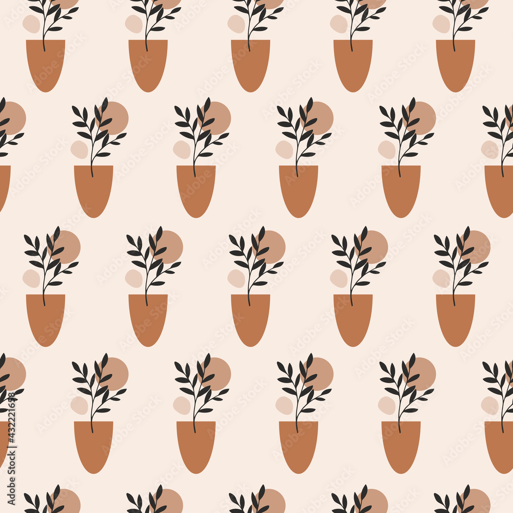Poster modern abstract aesthetic seamless pattern with geometric balance shapes and branch in boho style. m
