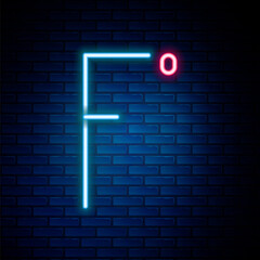 Glowing neon line Fahrenheit icon isolated on brick wall background. Colorful outline concept. Vector