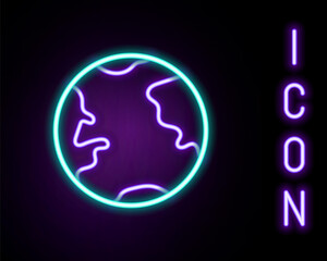 Glowing neon line Earth globe icon isolated on black background. World or Earth sign. Global internet symbol. Geometric shapes. Colorful outline concept. Vector