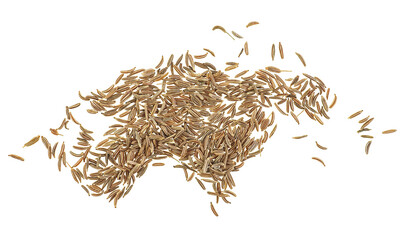 Organic cumin seeds isolated on a white background, top view. Dried caraway seeds. - obrazy, fototapety, plakaty