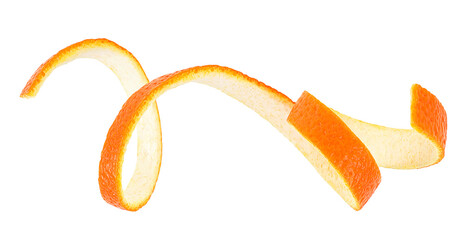 Orange peel isolated on a white background. Spiral orange skin. Orange twist.