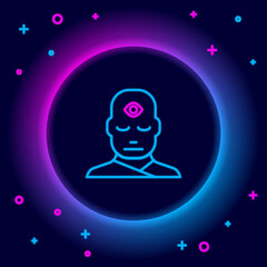 Glowing neon line Man with third eye icon isolated on black background. The concept of meditation, vision of energy, aura. Colorful outline concept. Vector