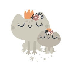 Cute frogs animals isolated on white background. Mom and Baby animals family clipart. Cartoon vector illustration for kids. Ideal for cards, poster, prints, anniversary, nursery clothing