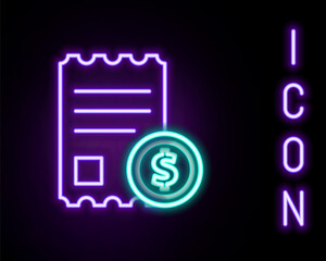 Glowing neon line Paper check and financial check icon isolated on black background. Paper print check, shop receipt or bill. Colorful outline concept. Vector