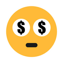 Emoticon and emoji with us dollar in the eyes. Human, man, person, character and being obsessed by money, wealth, property and cash.