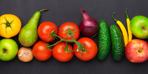 Selection of fresh products for preparing healthy and delicious vegetarian and vegan food. Various vegetables and fruits lie on the table. Flat lay.