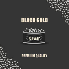 Beluga caviar. A real Russian national delicacy. Salted black caviar in an iron jar. Seafood. Vector illustration. Small eggs are scattered on the table. EPS