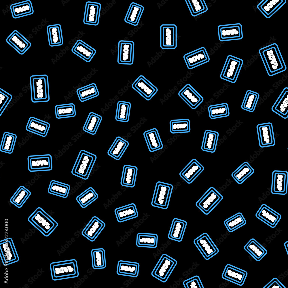 Poster line bar of soap icon isolated seamless pattern on black background. soap bar with bubbles. vector