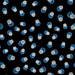 Line Earth globe with virus icon isolated seamless pattern on black background. Corona virus 2019-nCoV. Bacteria and germs, cell cancer, microbe, fungi. Vector