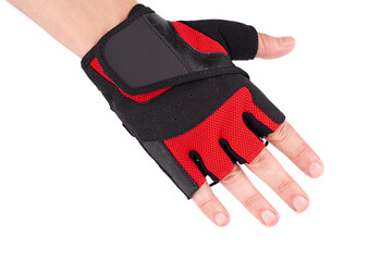 Bicycle gloves on white background. Gym equipment. Fitness. Workout gloves used to protect the hands from developing corns and calluses.