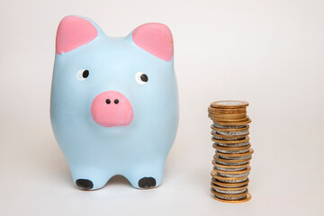 Pink and blue piggy bank looking of money coins