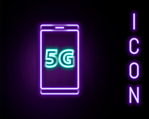 Glowing neon line Mobile with 5G new wireless internet wifi icon isolated on black background. Global network high speed connection data rate technology. Colorful outline concept. Vector