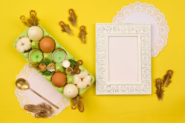 place to insert a picture or text in a vintage frame with Easter decor